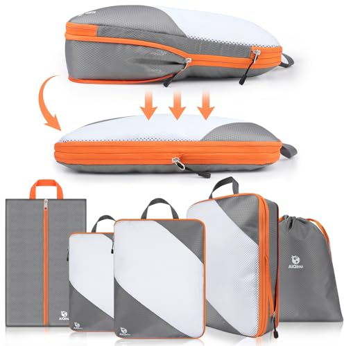 AiQInu Packing Cubes Compression, 5 Stück Packtaschen Kompression Koffer Organizer Set mit Wäschebeutel und Schuhbeutel Ultraleicht, Erweiterbar, Reisepack Organizer für Handgepäck