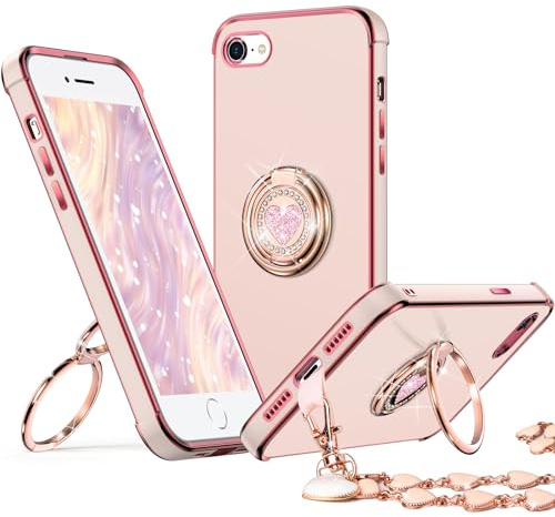 XYZ Schutzhülle für iPhone SE 2022 [3rd Gen], SE 2020 [2nd Gen], iPhone 8/7 Handyhülle mit Doppelring-Ständer, Frauen Mädchen Niedliches Liebesherz Luxus Bling Schutzhülle für iPhone 7/8/SE, Rosa
