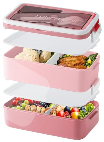 HENSHOW Lunch Box 1600ml, Boîte à Déjeuner pour Adulte, 2 Couches Boîte à Bento avec Couverts et Boîtes à Sauce, Sans BPA Anti-Fuite Bento Box pour Travail, L'école, Rose