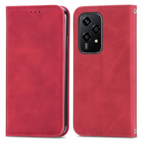 HAOYE Leather Folio Cover per Huawei Honor 200 Lite, Premium Pelle PU Portafoglio Flip Case Custodia con [Slot per Scheda] [Funzione di Supporto]. Rosso