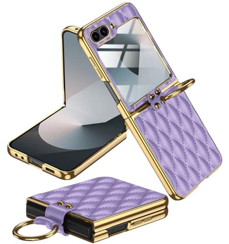 Miimall for Samsung Galaxy Z Flip 6/Z Flip 7 FE Case, [Built-in Screen Protector] [Ring Holder] Flip6 Leather Case with Ring, Shockproof Anti-Skid Full Coverage Protective Cover for Women Girls-Purple