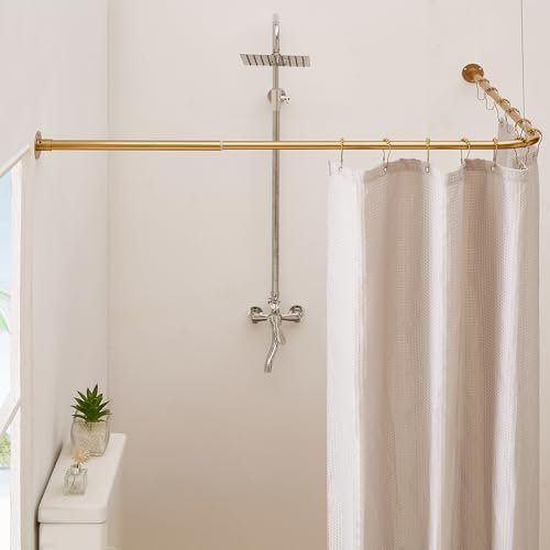 Crkmire Gold Corner Shower Curtain Rod, [24-37] x [24-37] Adjustable L Shaped Shower Rod No-Sagging 90 Degree Curved Curtain Rod for Bathroom Bathtub with 12 Ring Hooks & Ceiling Support