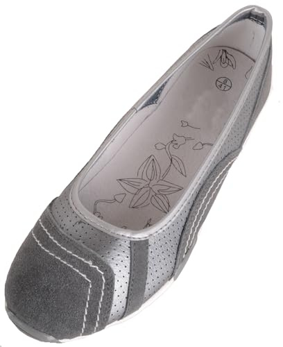 Womens Genuine Leather Slip On Casual Ballerina Style Pump Dolly Shoes - Pewter - UK 4