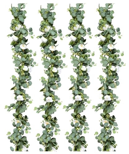DIRXVMC Artificial Roses Garland Pack of 2 Wedding Flower Vine Garlands Eucalyptus Plants, Hanging Artificial Flowers, Rose Garland, Hanging Plant Vine for Door, Wedding, Party, Home (White, 4 Pack)