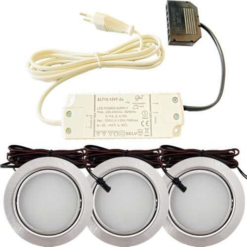 Lichtfaktor24 3er Set LED Möbel Einbauleuchten Edelstahl Gebürstet superflach 3W warmweiß 3000K 180lm 12V mit 15W LED Trafo 230V Zuleitung. LED Spots für das Wohnzimmer, Küche oder Bad.