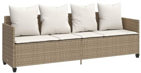 4-Sitzer Sofa mit Kissen, Garten Schlafsofa Gartenliege Outdoor Sofa Couch Liege Sonnenliege Terrassenliege, Verstellbare Rückenlehne, Beige Poly Rattan