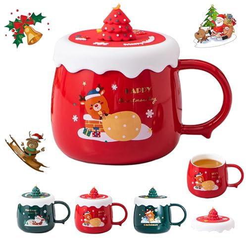 MeYuxg Tazas navideñas, Taza de café de cerámica de Navidad, 400 ml, taza de té con leche con tapa, linda taza de Navidad para cumpleaños, Navidad, niñas, niños, regalos, D (rojo)