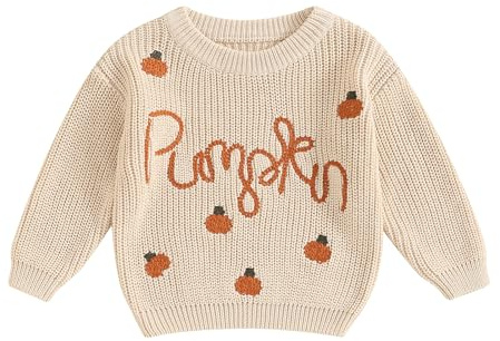 HKYFNNBW-Baby Halloween Sweaters Long Sleeve Round Neck Pumpkin Letter Embroidery Knit Pullovers Toddler Sweatshirts (Beige, 3-4 Years)
