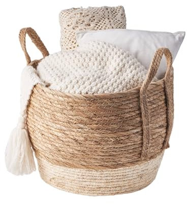 Eden & Willow Natural Straw Woven Plant Storage Basket, Home Organisation Hamper Basket with Handles (Cream, Large)