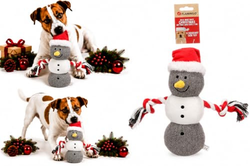 Flamingo Hundespielzeug – WEIHNACHTSSPIELZEUG – Annalise Schneemann Braun – 27 cm – Textil- und Polyestertauseilspielzeug mit Quietscher