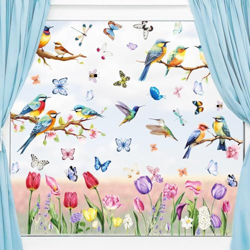 Fensteraufkleber,Fensterbilder Frühling,Schmetterling Fenstersticker,Vogel Blumen Aufkleber Fenster Fensterbilder Kinder,Fenstersticker Fensterfolie Wiederverwendbar für Fensterdeko