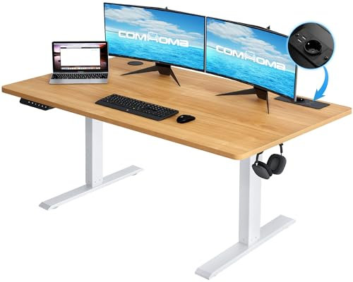 COMHOMA Bureau Assis Debout Électrique 160 * 70, Table Réglable en Hauteur, Fonction Mémoire 2 Hauteurs, pour Le Bureau, la Chambre, Bois