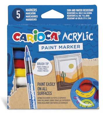 Carioca Paint Marker Acrilici – Set da 5 Pennarelli con Punta a Pennello, a Base Acqua ad Alta Coprenza, Resistenti al Sole e all’Acqua, Marcatori Adatti a Legno, Vetro, Metallo, Ceramica e Cartone
