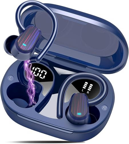 OYIB Bluetooth Kopfhörer Sport, 50 Std Kopfhörer Kabellos Bluetooth 5.4 mit HD Mic, In Ear Kopfhörer HiFi Stereo, Dual LED-Anzeige, IPX7 Wasserdicht Ohrhörer mit Ohrhaken für Arbeit Studium Sport Blau