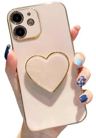 Sutpstmt Cute Case for iPhone 11 6.1'', Pink Soft Plating TPU Shockproof Protective Cover with Stand, Luxury Bumper Love Heart Holder Kickstand Phone Case for Girls Women