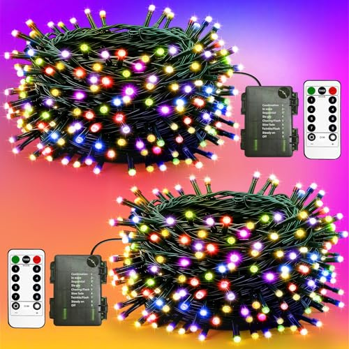 litogo 2 Pack Fairy Lights Battery Operated with Remote, 5M 50LED Timer Christmas String Lights Battery Powered, 8 Mode Waterproof Outdoor Xmas Light for Outside Tree Garden Indoor Decor, Multicolor
