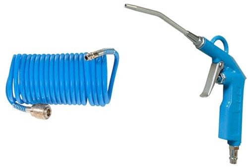 Güde Druckluft-Spiralschlauch 5 mm / 5 m (max. 11 bar, mit Knickschutz, inkl. Schnellkupplung und Stecknippel) & Güde Ausblaspistole MIDI (Alu-Druckguss-Gehäuse, IG 1/4, max. 12 bar, 8 cm Düsenlänge)