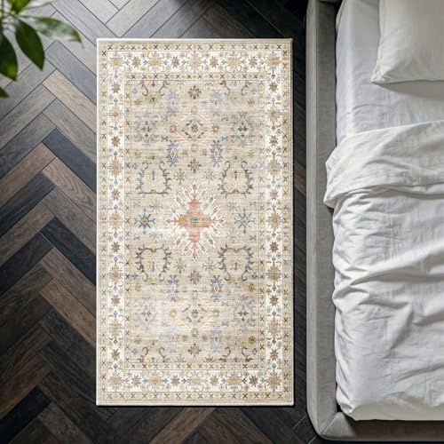 Decoranddecor Vintage Kitchen Rug 80x150cm Washable Bedroom Non-Slip | Beige Kitchen & Bedroom Rug, Machine Washable Rug, Area Rug, 6mm Low Pile, Pet Friendly, Stain Resistant