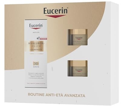 Eucerin Skincare Kit Routine Anti-Età Avanzata, Cofanetto regalo donna beauty antimacchie con Hyaluron-Filler+Elasticity Siero Viso 3D Serum 30ml, Mini Crema Giorno SPF30 20ml e Mini Crema Notte 20ml