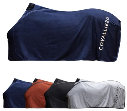 Covalliero - Fleecedecke – Pferde Abschwitzdecke – Decke mit Widerristpolster aus Fell, Kreuzgurten, Brustschnalle & Schweifriemen – atmungsaktive Pferdedecke in Dark Navy – Größe 145cm