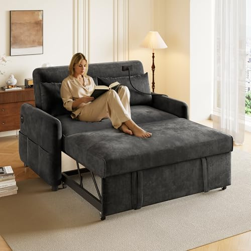 ZIDEY Sofa mit Schlaffunktion mit USB, Schlafcouch Ausziehbar mit Verstellbarer Rückenlehne, Schlafsofa Klein Klappsofa Schlafsofa 2 Sitzer, Grau