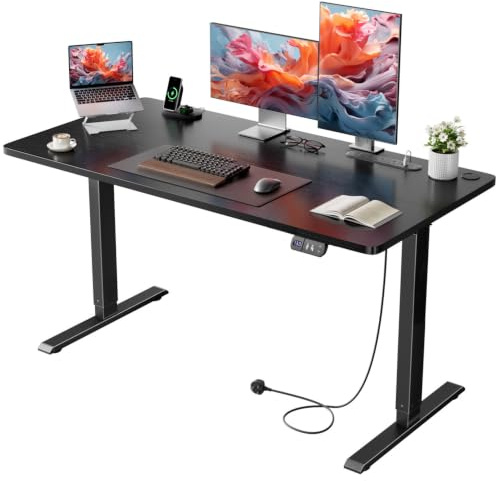 Precision Synergie Electric Standing Desk, Power Outlets, 2 Memory Buttons | 100 x 60 cm Home Office Desk, Height Adjustable Sit Stand Table, 72-117 cm, Equipped with 3 USB Ports & Cable Hole, Black