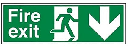 V Safety 14002BP-S Fire Exit Arrow Down Sign, Landscape, Self Adhesive Vinyl, Green, 600 mm x 200 mm