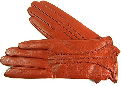 Damen Premium Quality Super Weich Leder Handschuhe Pelzfutter Streifen Detail Slim Fit - Hellbraun, M