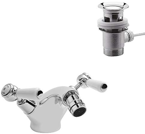 Old London BC306DL Topaz | Traditional Bathroom Mono Bidet Mixer Tap with Lever Handles and Domed Collars, 130mm x 173mm, Chrome/White