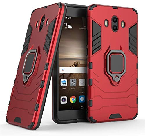 Compatible con Huawei Mate10 Funda, Anillo Metálico Sujeción Soporte Antichoque Rígido Caja (Funciona con el Montaje de Coche Magnético) Doble Capa Sólido Case Carcasa para Huawei Mate 10 (Rojo)