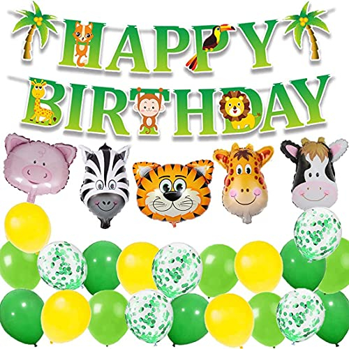 MAKFORT Kindergeburtstag Deko Happy Birthday Girlande und lustig Tier Folienballons Konfetti Luftballons Grün für Kindergarten Dekoration Urwald Party Geburtstag Mädchen Junge