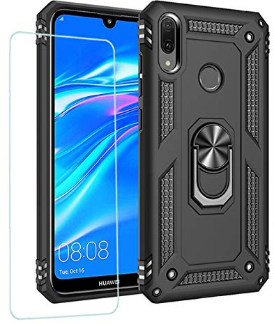 JOYTAG Hülle für Huawei Y7 2019 handyHülle+ Gehärtetes Glas Schutzfolie Silikon TPU 360 Grad Drehring aus Halter magnetisch Autotelefon case-Schwarz