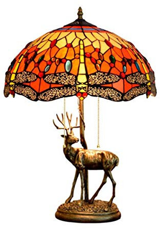 GDLight Tiffany Style Libelle Tischlampe mit antikem Elchsockel, Vintage handgefertigte Glasmalerei Nachttischlampe mit 2 Leuchten für Schlafzimmer Wohnzimmer, 40cm