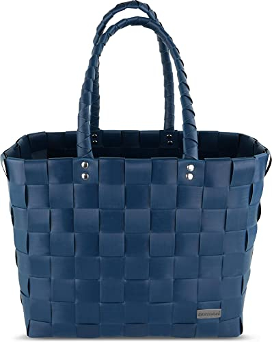 normani® Einkaufstasche Shopper geflochten aus Kunststoff - robuster Strandkorb Vintage Style 38cm x 25cm x 28cm Farbe Classic/Petrol