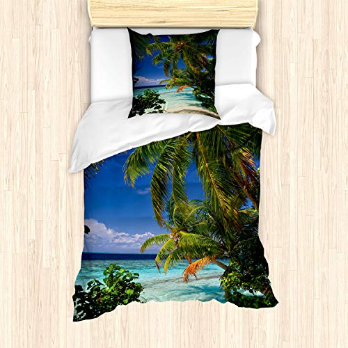 ABAKUHAUS Pflanze Bettbezug Set für Einzelbetten, Malediven Palms Sky, Milbensicher Allergiker geeignet mit Kissenbezug, Sky Blue Grün