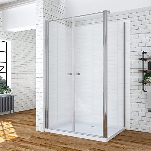 Duschkabine Eckeinstieg 90x75x195 cm Pendeltür mit Seitenwand Eckdusche rahmenlos mit Duschtüren Drehtüren festem Seitenteil Duschtrennwand für Duschwanne 6 mm Sicherheitsglas klar NANO-Beschichtung