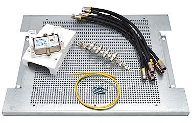 maxx.onLine Lochblech Montageplatte Set für Kabel TV Antennenverstärker, Sat- / Kabel Verteiler inkl. F-Stecker Koaxialkabel Patchkabel, Kabelfernsehen Überspannungschutz, Erdungsblock, 4 Teilnehmer