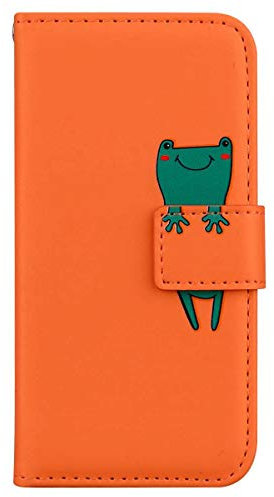 iPhone SE 2022/2020 Case: Protective PU Leather Flip Wallet with Kickstand, Magnetic Clasp, Card Holder, Animal Pattern - Orange & Frog