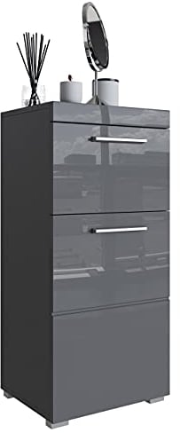 Newroom Kommode Badezimmer Schrank Grau Hochglanz mit viel Stauraum - 37x79x31 cm (BxHxT) - Badezimmerschrank Badkommode Badezimmermöbel - [Trinity.Ten]