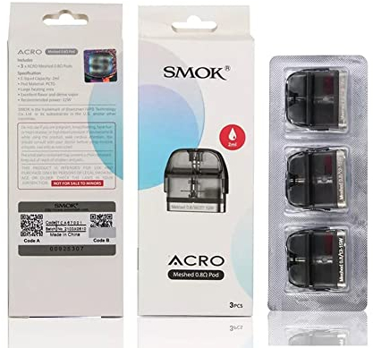 S-MOK ACRO Pod (0.8ohm × 3), atomizador de vaporizador de bobina de CC de malla de cartucho de cigarrillo electrónico de 2 ml, sin nicotina