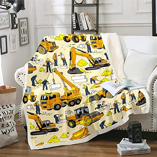 Loussiesd Jungen Bagger Fleecedecke für Sofa Couch Cartoon BAU Autos Kuscheldecke 130x150cm Sohn Maschinen Fahrzeuge Druck Wohndecke Mikrofaser Gelb Baustelle Fuzzy Decke