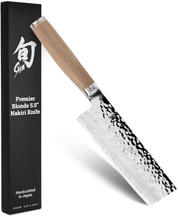 Shun Premier Blonde 5.5 Nakiri Knife, Handcrafted Japanese Vegetable Knife, VG-MAX Core with Damascus Stainless Steel Cladding, Pakkawood Handle, Slicing Tool for Professional and Home Chefs