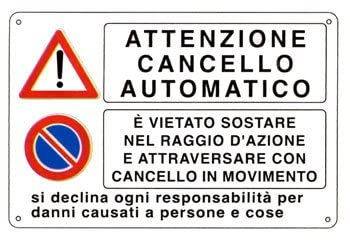 Social Crazy - Segnale di sicurezza industriale in Alluminio Argento e Bianco 20X31 CM - Montaggio su palo - Avvertimento: attenzione cancello automatico, E' vietato sostare