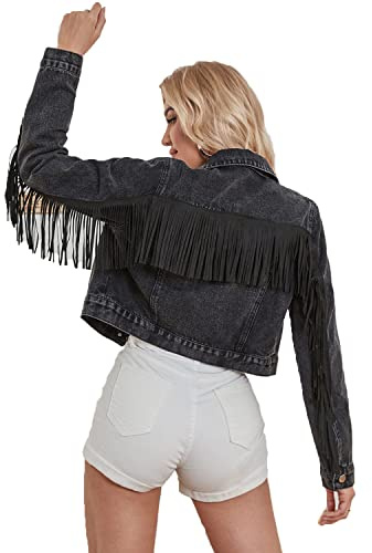 YILANUOYI Cropped-Jeansjacke für Damen, langärmelig, Used-Look mit Fransen