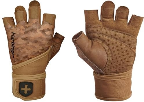 Harbinger Pro Wristwrap 2.0 Gewichtheberhandschuhe – Echtes Leder, integrierte Handgelenkstützen, 4-Wege-Stretch, perforiertes Design – Maximaler Halt – Unisex, Beige, Mittel