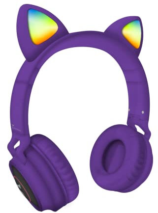 TECHMADE - Cuffie Bluetooth con Orecchie di Gatto | LED Luminosi | Microfono Integrato per IOS/Android/PC | Modalità Radio FM | Compatibili con SD Card e Cavo Jack | Colore Viola