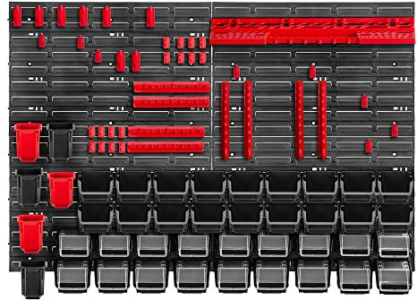 KADAX Werkstattwandregal, 116x78cm Lagersystem aus robustem Kunststoff, UV-Resistentes Werkstattregal, Erweiterbare Wandplatten, Schüttenregal für Garage, (Rot&Schwarz, 83 tlg.)