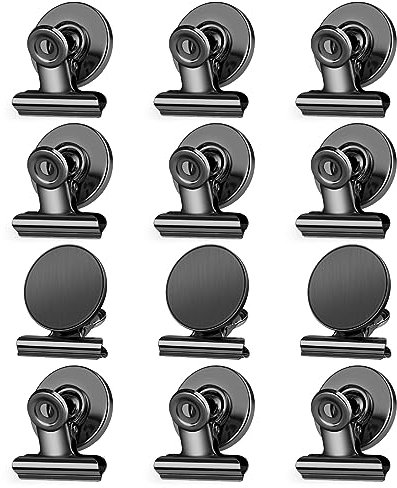 Magnetic Clips, 12 Pieces in Black Fridge Magnets, Scratch-Free Fridge Magnets Clips, Whiteboard Magnets Clips, Clips Magnet for Fridge, Strong Magnet with Clips for Whiteboard, Paper, Bags