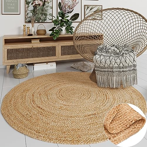 MY-RUG Jute Teppich 150 cm - Rund, handgemacht, braun, für den Außenbereich geeignet, Juteteppich im Boho Style fürs Kinderzimmer Wohnzimmer Flur Terrasse und Garten Nitin