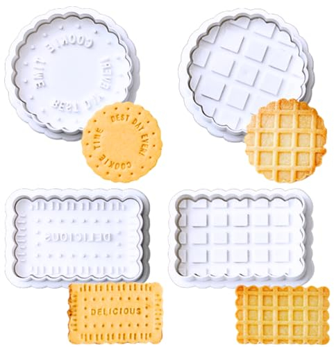 Orapink Juego de sellos para galletas, 4 moldes de prensa de galletas, cortador de galletas clásico 3D con sello de émbolo, 4 estilos divertidos de moldes para galletas para dulces, hornear, pasteles,